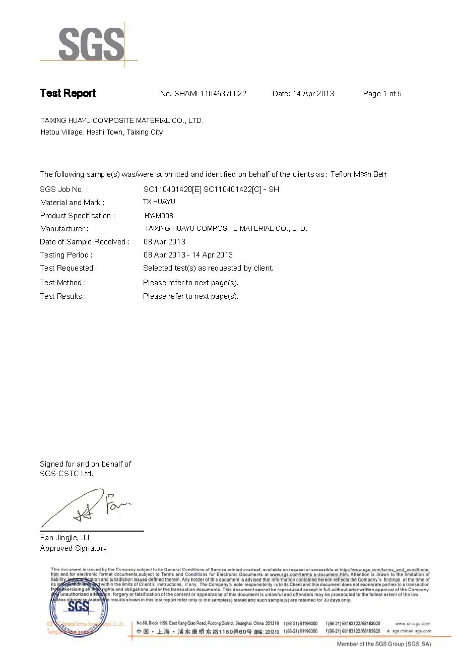 SGS for PTFE Mesh Belt of Taixing Huayu